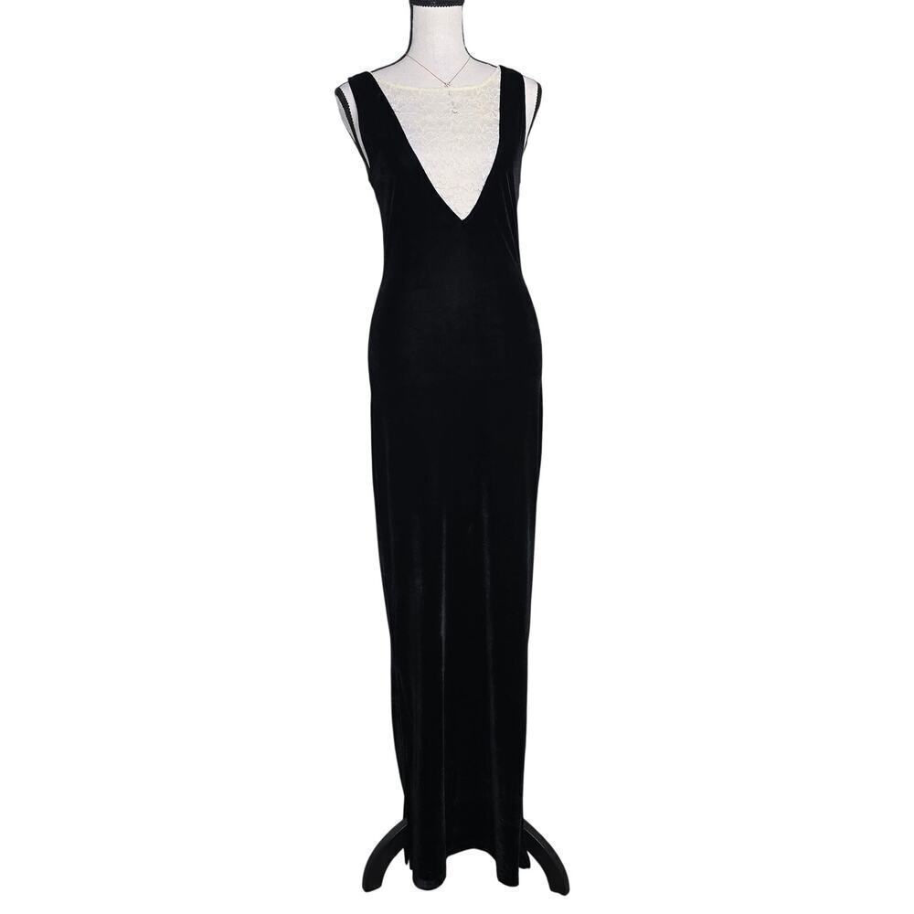 Womens Black Velvet Maxi Dress XS Lace V Plunge Slit Evening Goth Formal Elegant